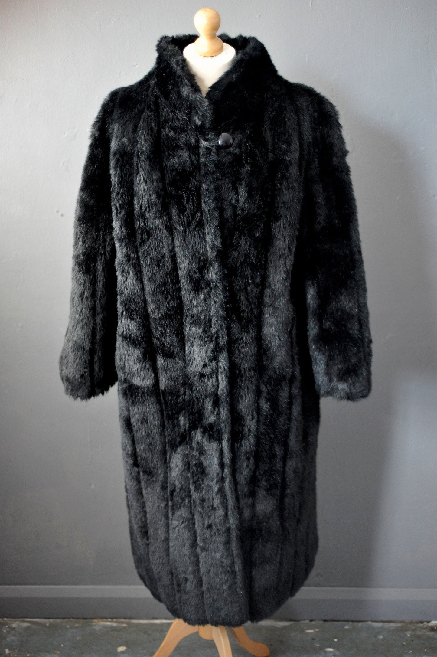 80s Long Black Faux Fur Coat, Vegan Mink Winter Jacket, XL to Plus Size