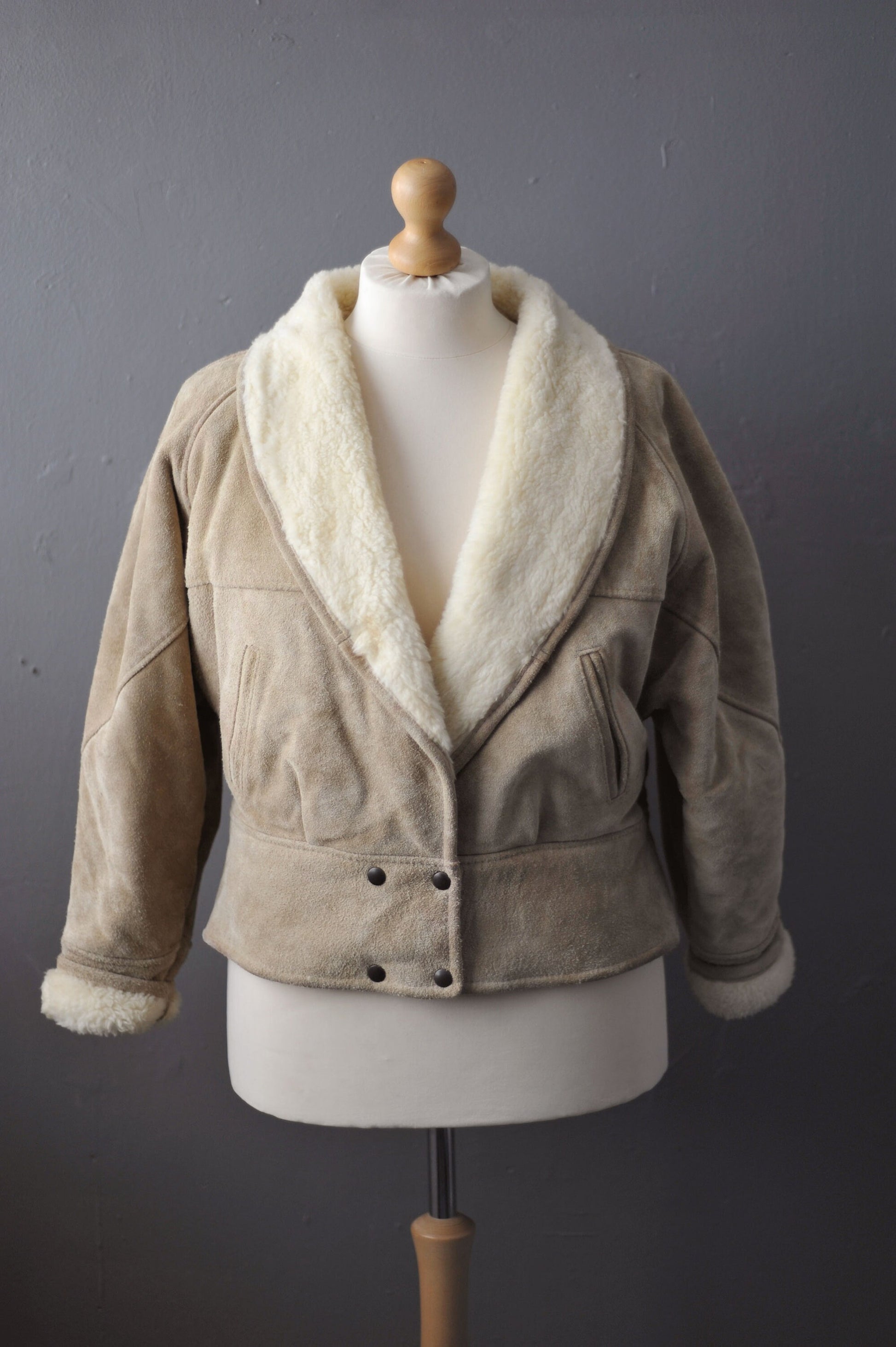 80s Suede Bomber Jacket, Faux Sheepskin Batwing Coat, Size Large