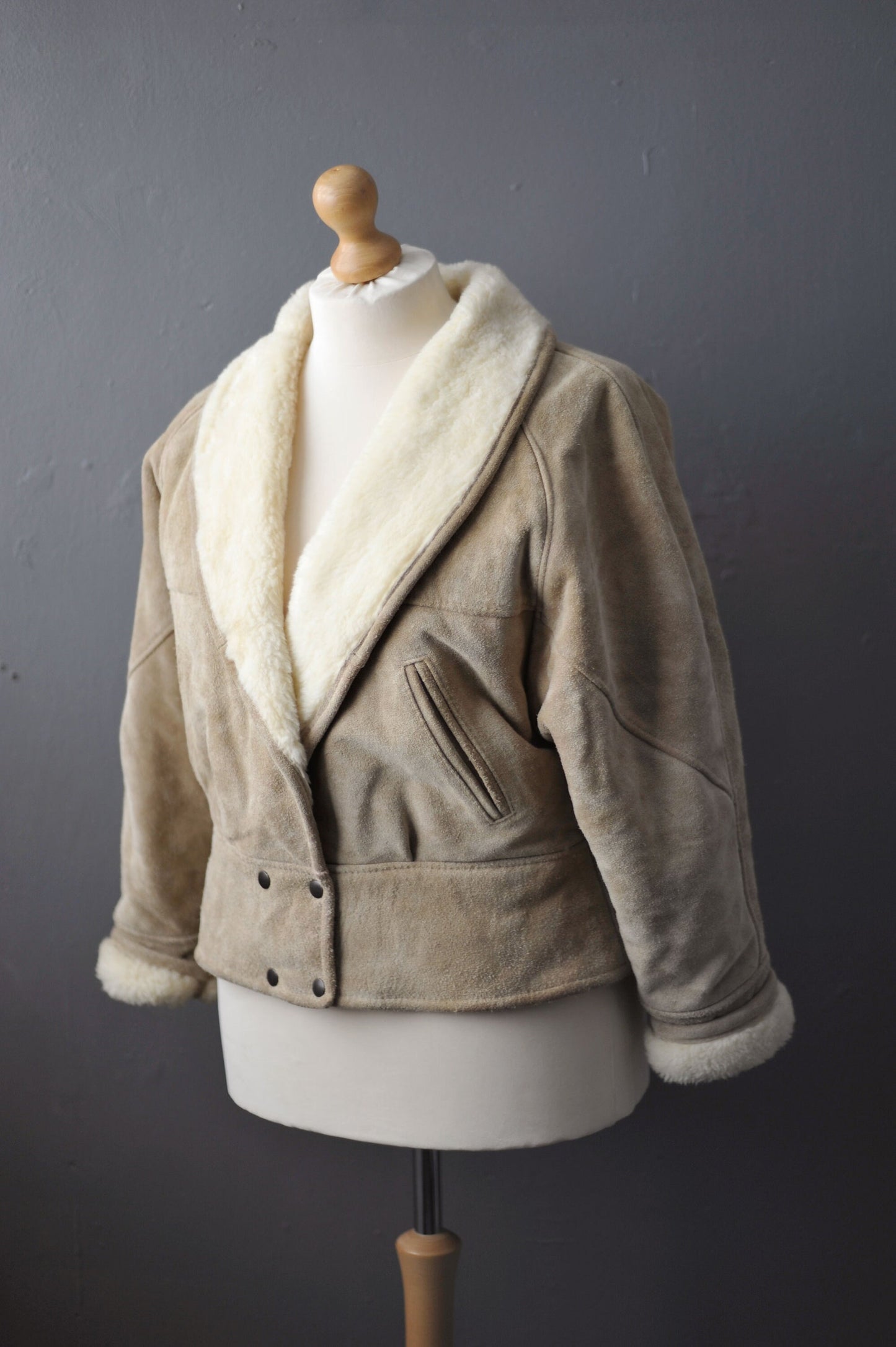 80s Suede Bomber Jacket, Faux Sheepskin Batwing Coat, Size Large