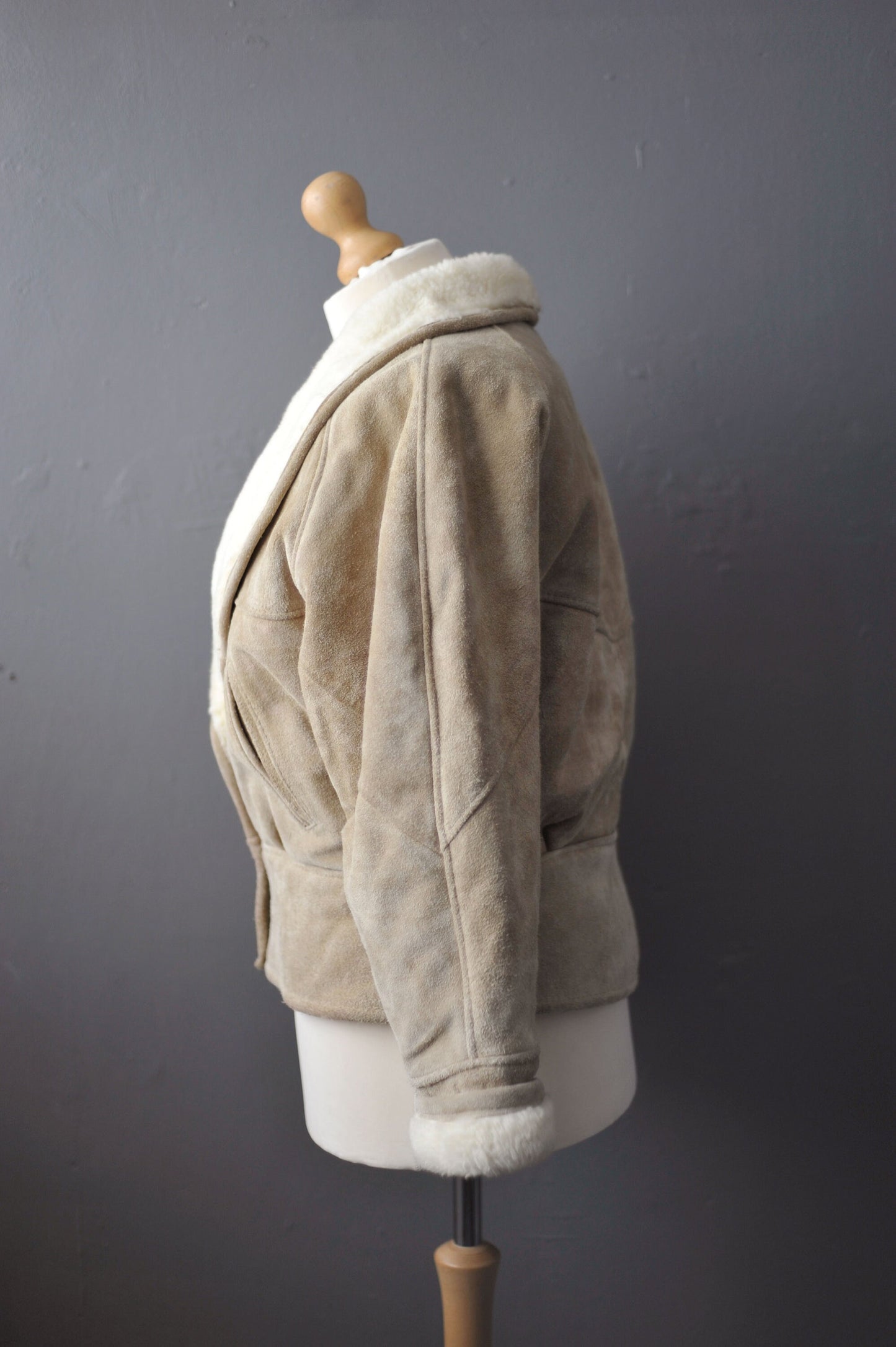 80s Suede Bomber Jacket, Faux Sheepskin Batwing Coat, Size Large