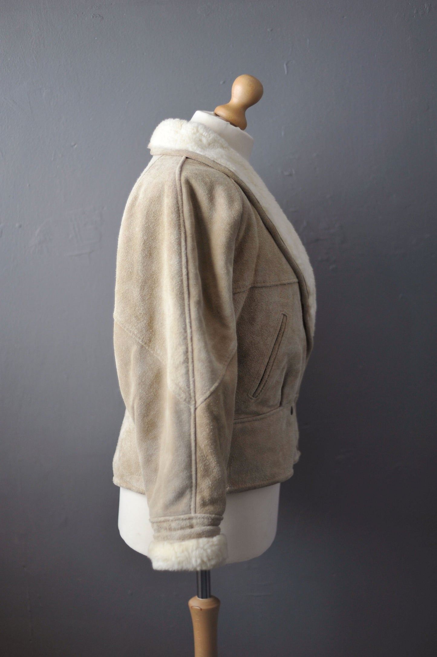 80s Suede Bomber Jacket, Faux Sheepskin Batwing Coat, Size Large