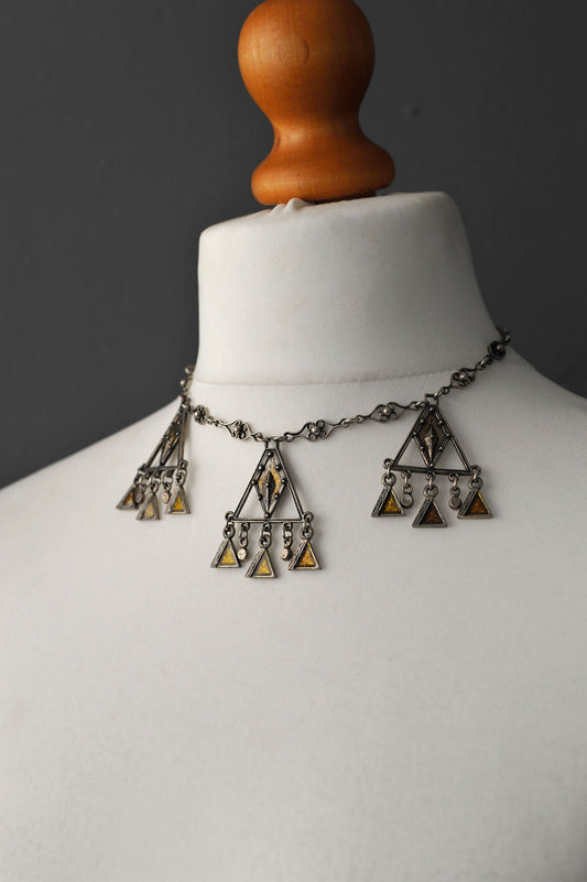 70s French DLH Depose Triangle Enamel Necklace, Modernist Brutalist Choker