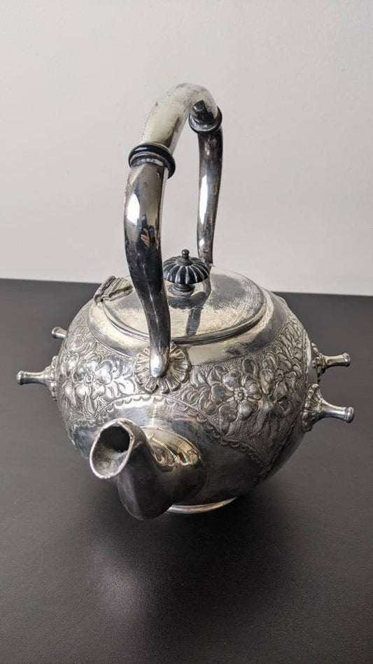 Antique Victorian Spirit Kettle, Silver Plated EPBM Chased Embossed Metal Teapot