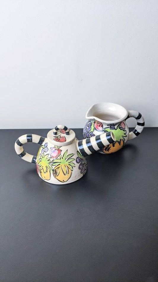 90s Quirky Fruity Teapot and Milk Jug by Liz Riley, Hand Painted Scraffito Studio Pottery