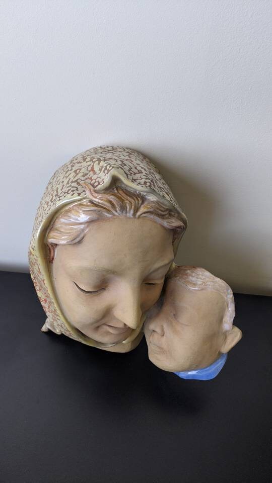 Vintage Mother and Child Wall Sculpture, Madonna Inspired Ceramic Art