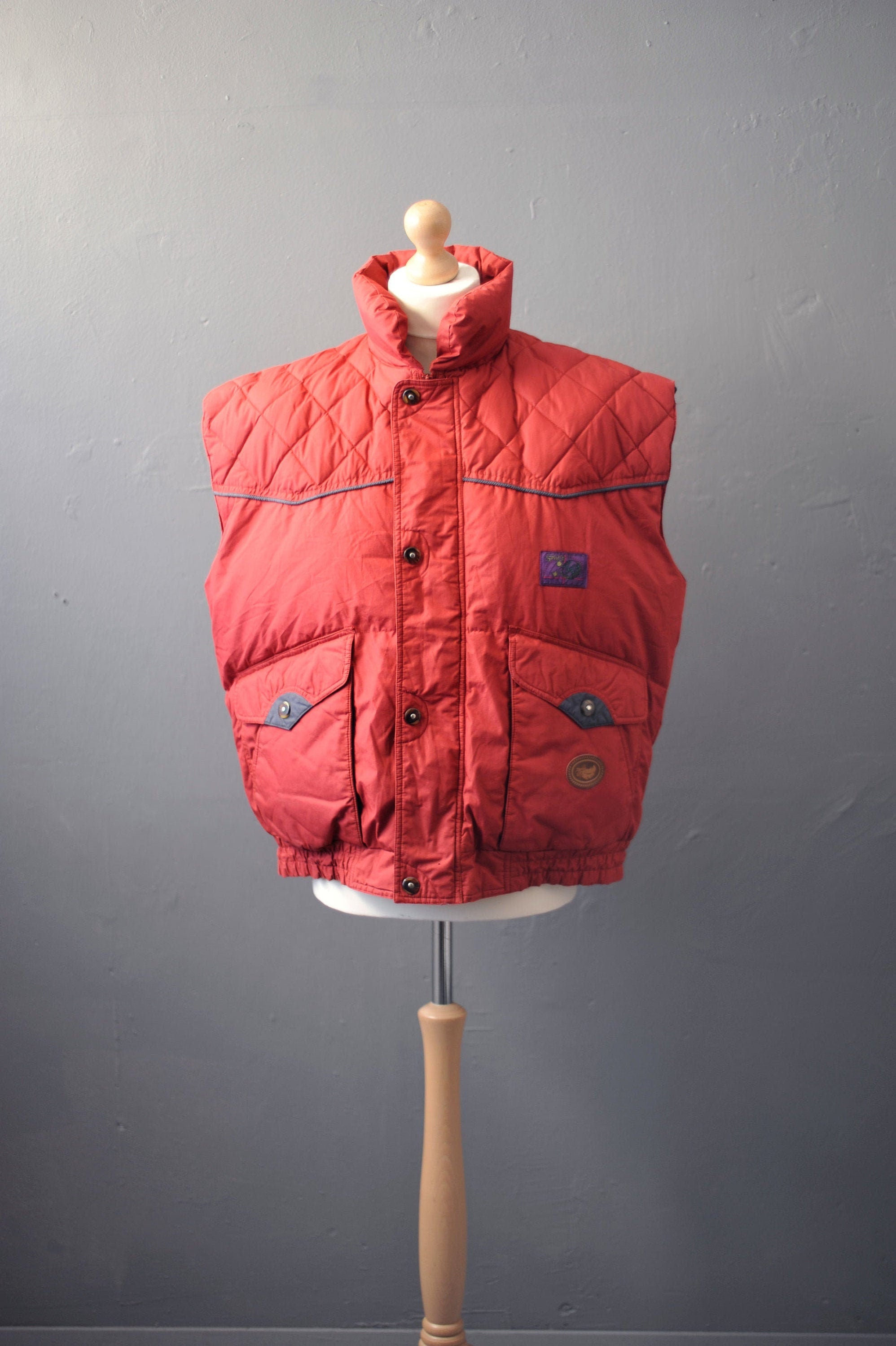 90s Goose Down Bodywarmer Padded Gilet with High Collar Size XXL