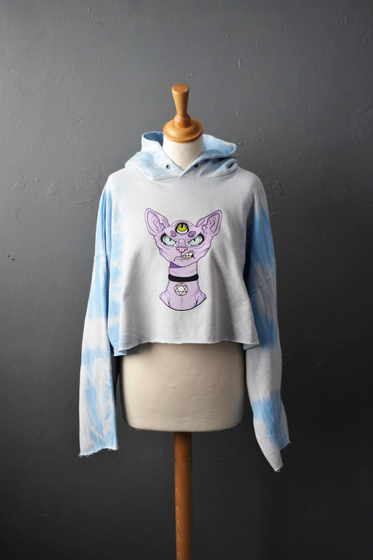 Ice Blue Tie Dye Cropped Hoodie with Occult Sphynx Cat