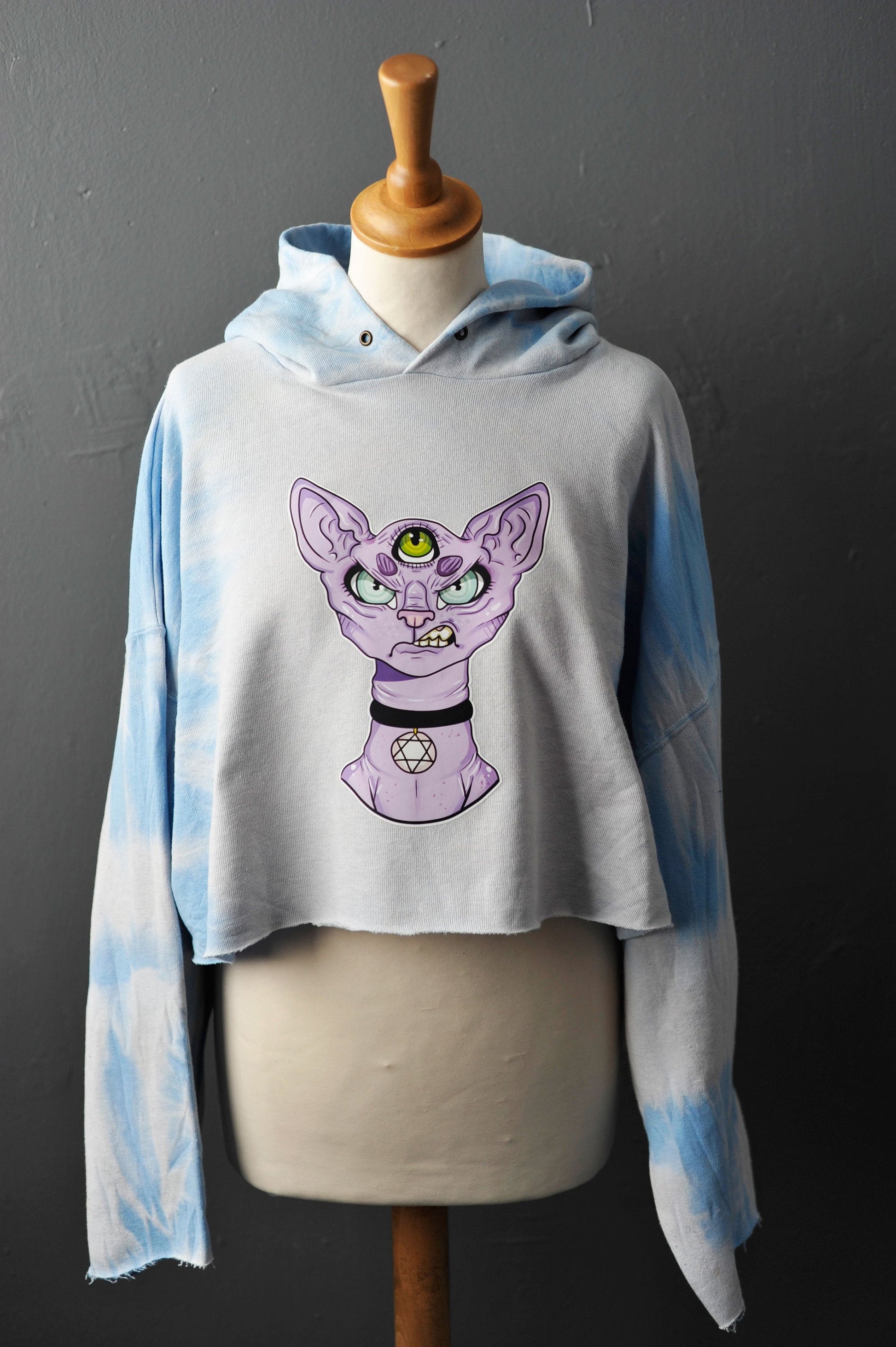 Ice Blue Tie Dye Cropped Hoodie with Occult Sphynx Cat