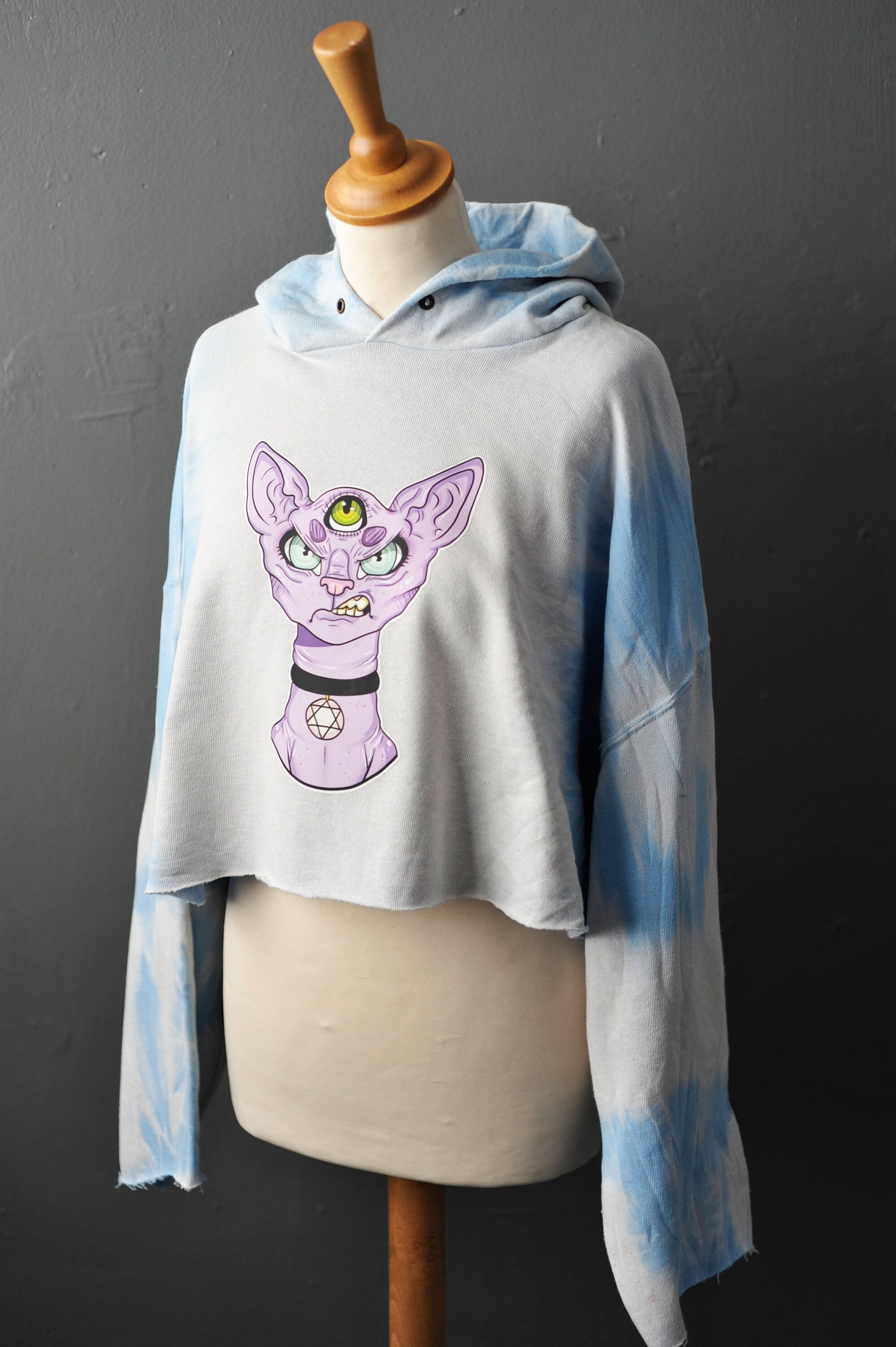 Ice Blue Tie Dye Cropped Hoodie with Occult Sphynx Cat
