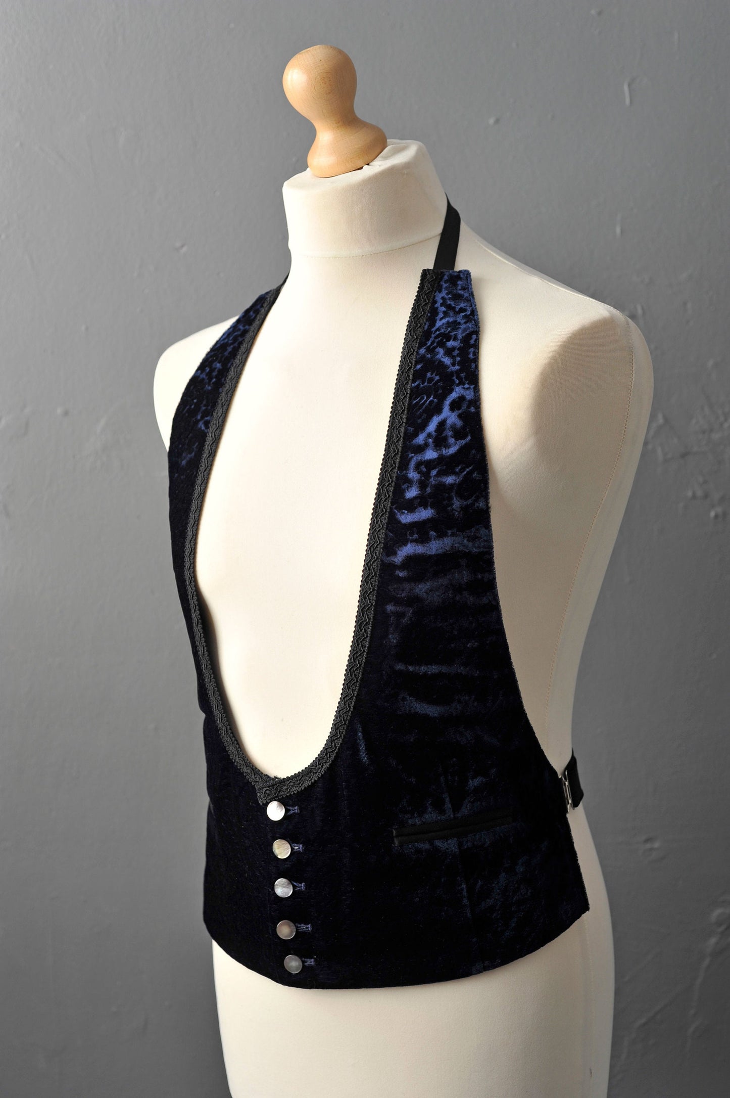 60s Paisley Velvet Waistcoat by Akco, Adjustable U Neck Open Back Vest, 42 Chest