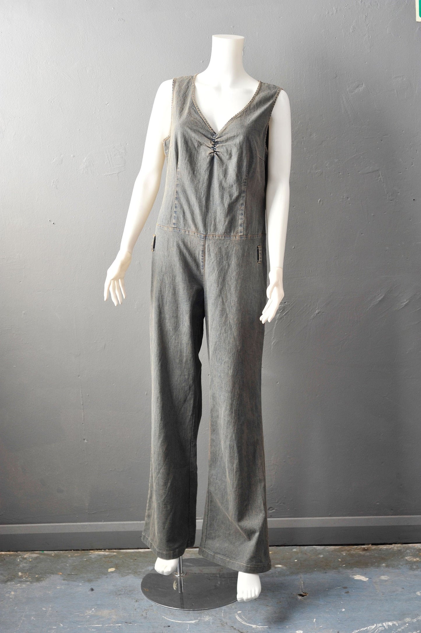 90s Flared Denim Jumpsuit, Retro Bell Bottom Overalls, Size Large