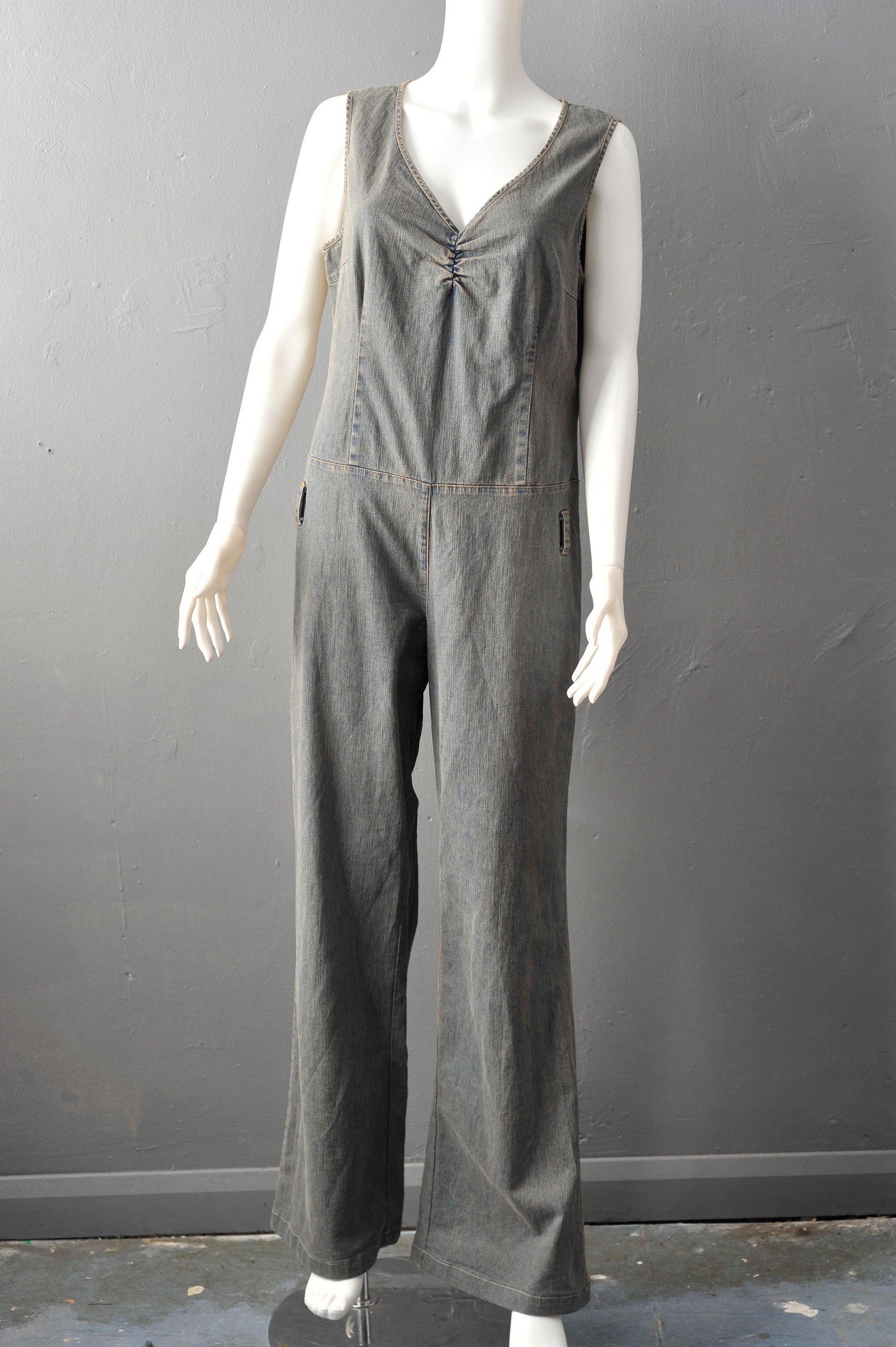 90s Flared Denim Jumpsuit, Retro Bell Bottom Overalls, Size Large