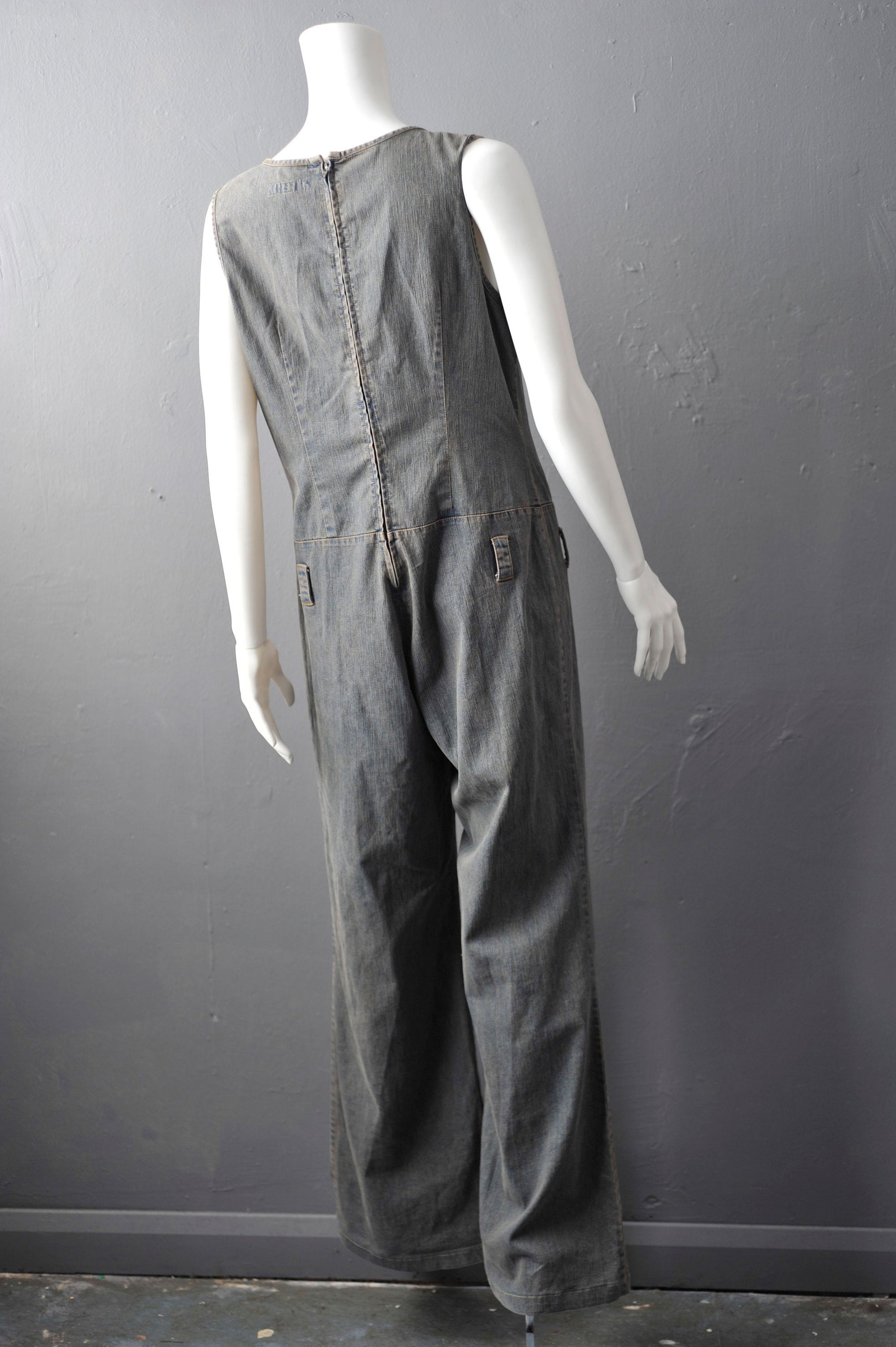 90s Flared Denim Jumpsuit, Retro Bell Bottom Overalls, Size Large