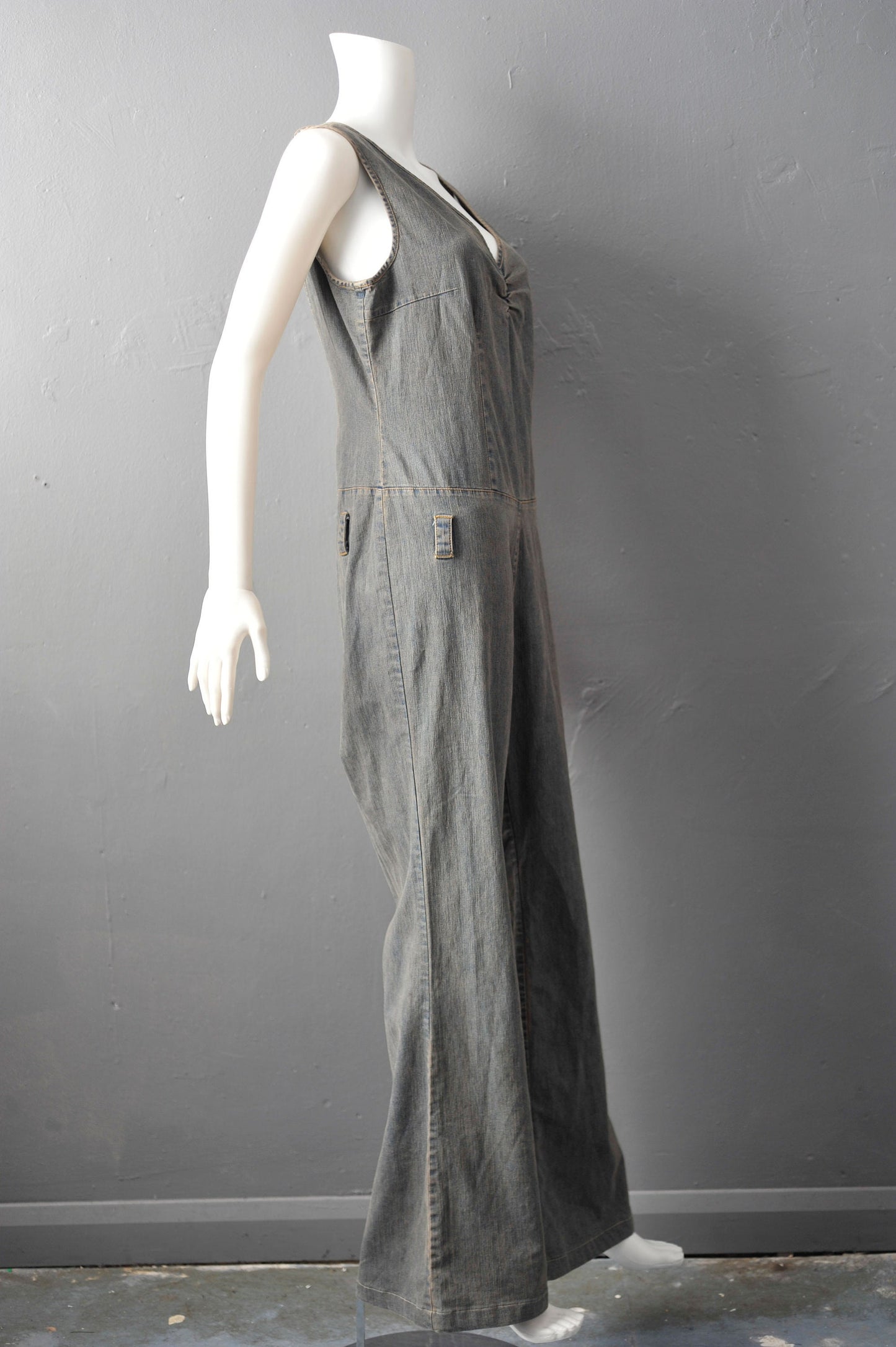 90s Flared Denim Jumpsuit, Retro Bell Bottom Overalls, Size Large