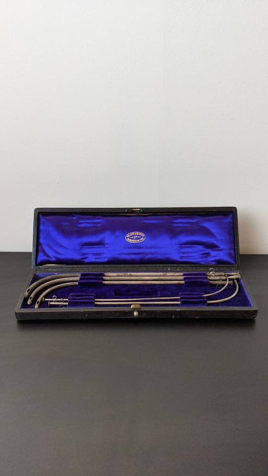 Antique Brady & Martin Male Catheters, Silver Plated Set of Five in Silk Lined Case