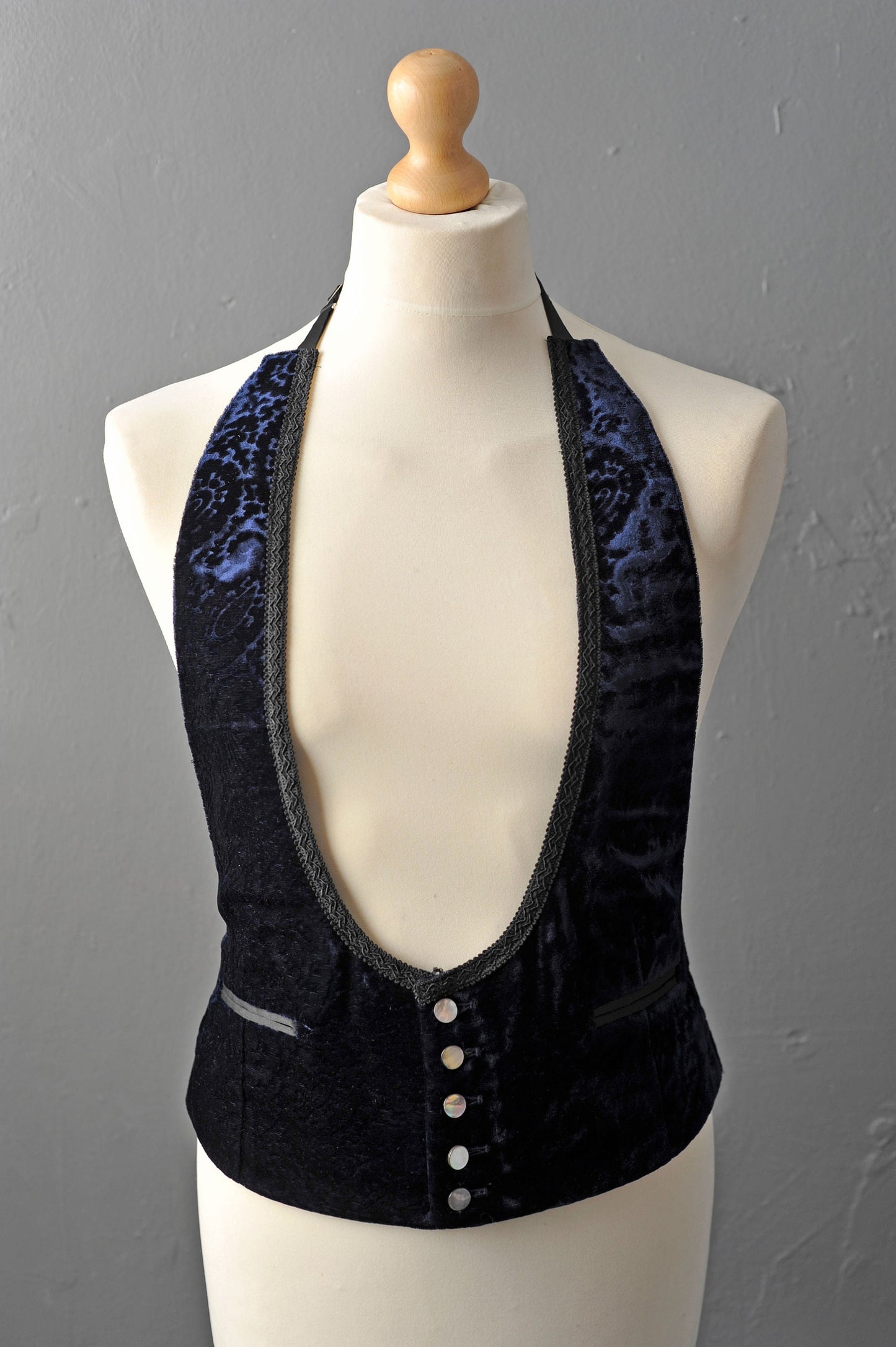 60s Paisley Velvet Waistcoat by Akco, Adjustable U Neck Open Back Vest, 42 Chest