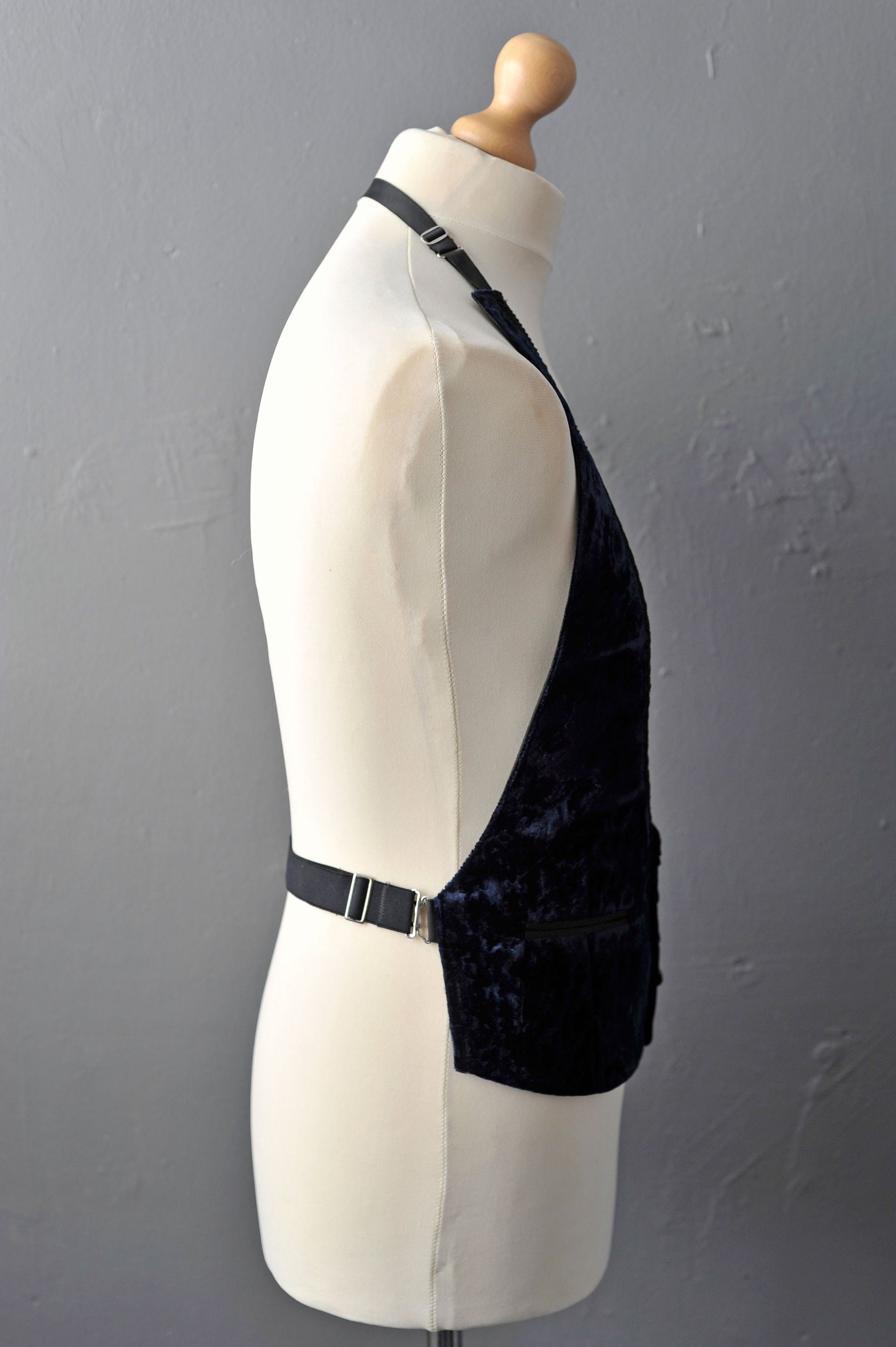 60s Paisley Velvet Waistcoat by Akco, Adjustable U Neck Open Back Vest, 42 Chest