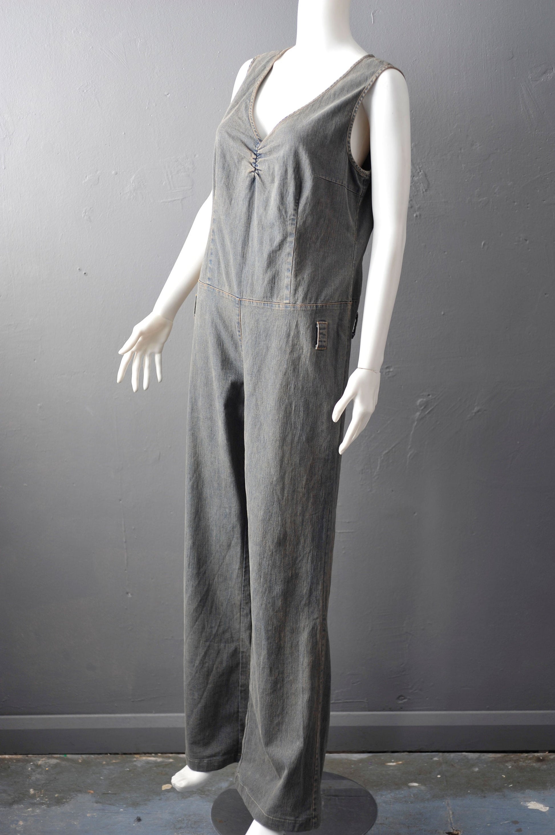 90s Flared Denim Jumpsuit, Retro Bell Bottom Overalls, Size Large