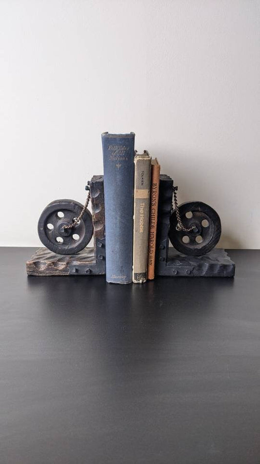 Mid Century Pulley Wheel Bookends, Handcarved Rustic Industrial Medieval Style