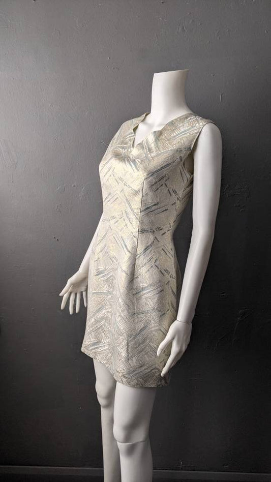 60s Brocade Cocktail Dress with Abstract Gold Streaks, Mid Thigh, Size Small