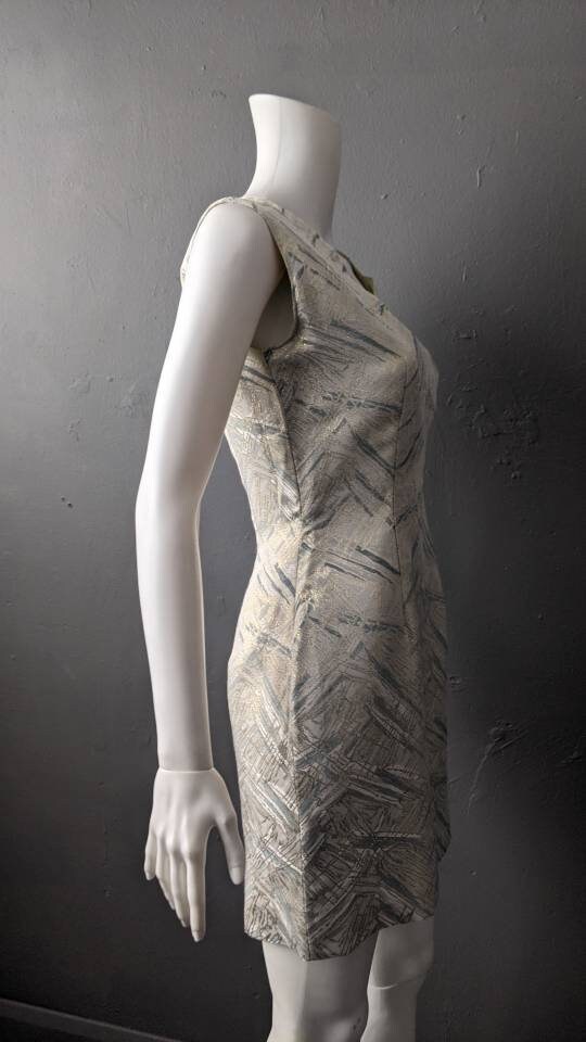 60s Brocade Cocktail Dress with Abstract Gold Streaks, Mid Thigh, Size Small