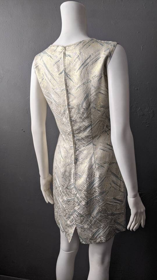 60s Brocade Cocktail Dress with Abstract Gold Streaks, Mid Thigh, Size Small