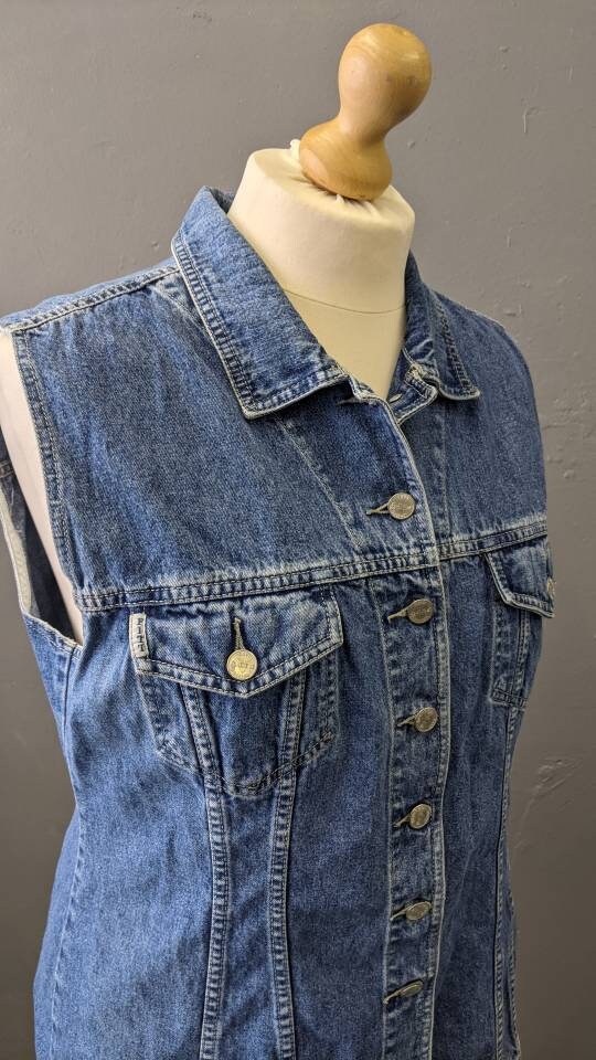 Vintage Denim Vest, 90s Trucker Gilet, Sleeveless Jean Jacket, Plus Size XL