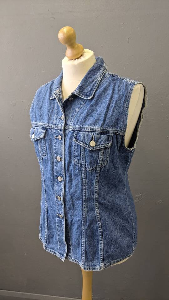 Vintage Denim Vest, 90s Trucker Gilet, Sleeveless Jean Jacket, Plus Size XL