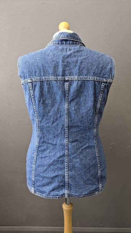 Vintage Denim Vest, 90s Trucker Gilet, Sleeveless Jean Jacket, Plus Size XL