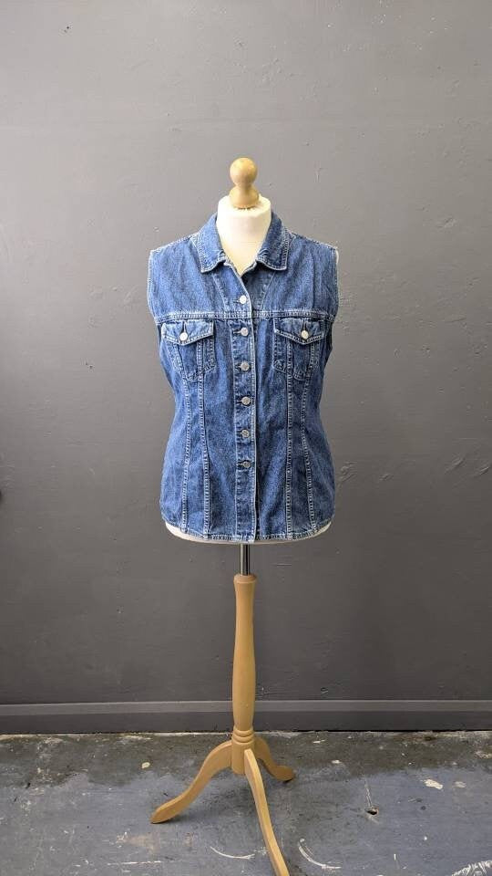 Vintage Denim Vest, 90s Trucker Gilet, Sleeveless Jean Jacket, Plus Size XL