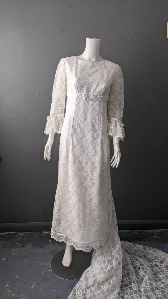 Vintage 60s Lace Wedding Dress with Long Train, Empire Waist, Size Small