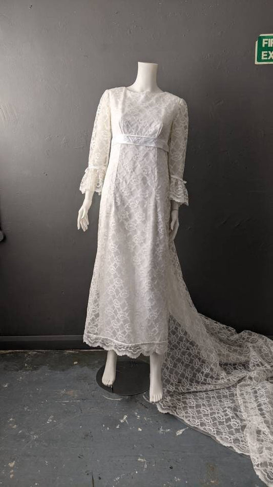 Vintage 60s Lace Wedding Dress with Long Train, Empire Waist, Size Small