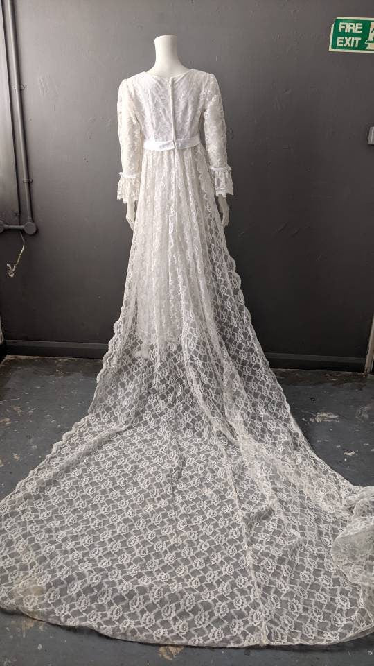 Vintage 60s Lace Wedding Dress with Long Train, Empire Waist, Size Small