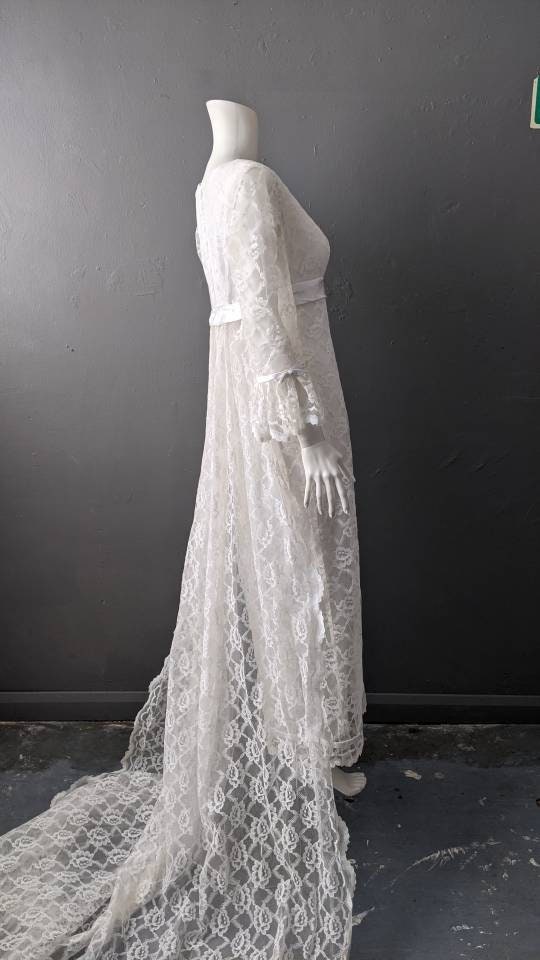 Vintage 60s Lace Wedding Dress with Long Train, Empire Waist, Size Small