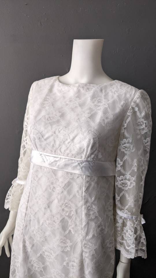 Vintage 60s Lace Wedding Dress with Long Train, Empire Waist, Size Small