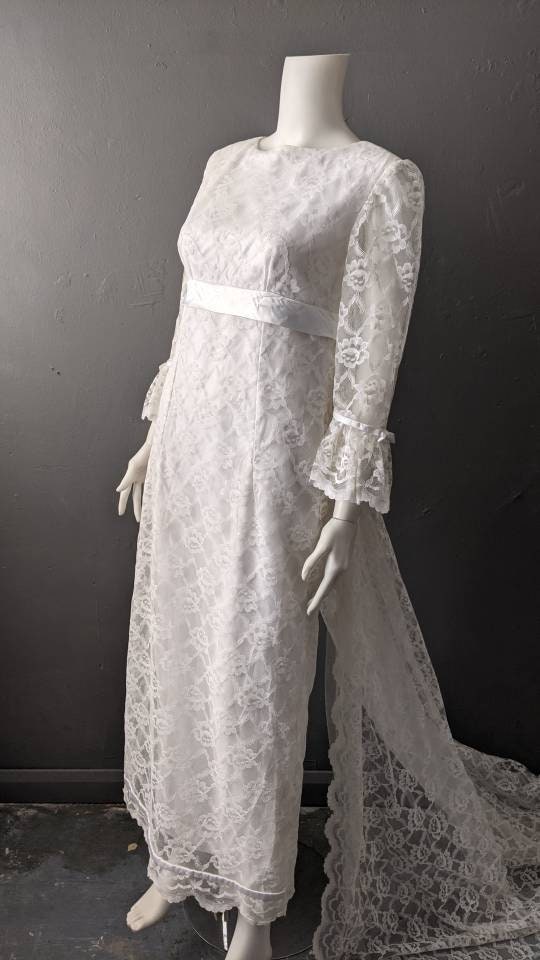 Vintage 60s Lace Wedding Dress with Long Train, Empire Waist, Size Small