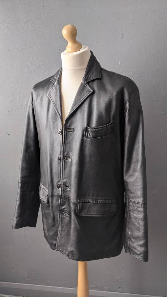 Black Leather Blazer, Mens 90s Casual Suit Jacket, Size Large 46 Chest