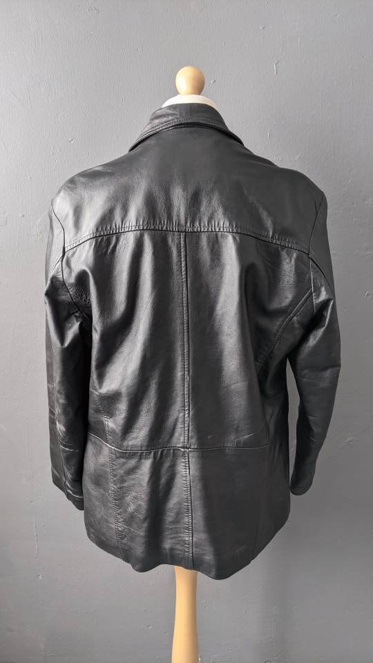 Black Leather Blazer, Mens 90s Casual Suit Jacket, Size Large 46 Chest