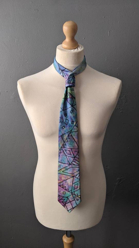 80s Wide Silk Tie by Elaine Rippon, Handpainted Geometric Art Kipper Necktie