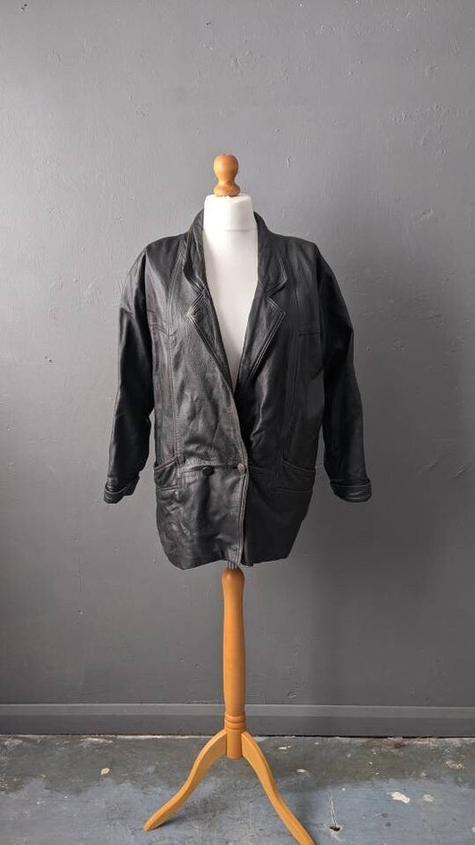 80s Oversized Leather Jacket, Distressed Cocoon Coat, Size Medium