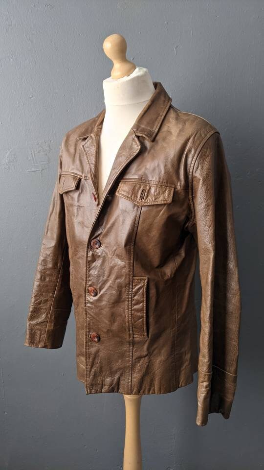 Brown Leather Blazer by River Island, Mens Y2K Casual Suit Jacket, Size Medium 42 Chest