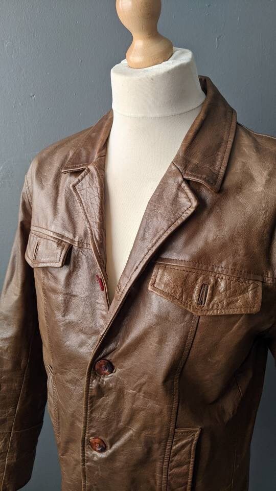 Brown Leather Blazer by River Island, Mens Y2K Casual Suit Jacket, Size Medium 42 Chest