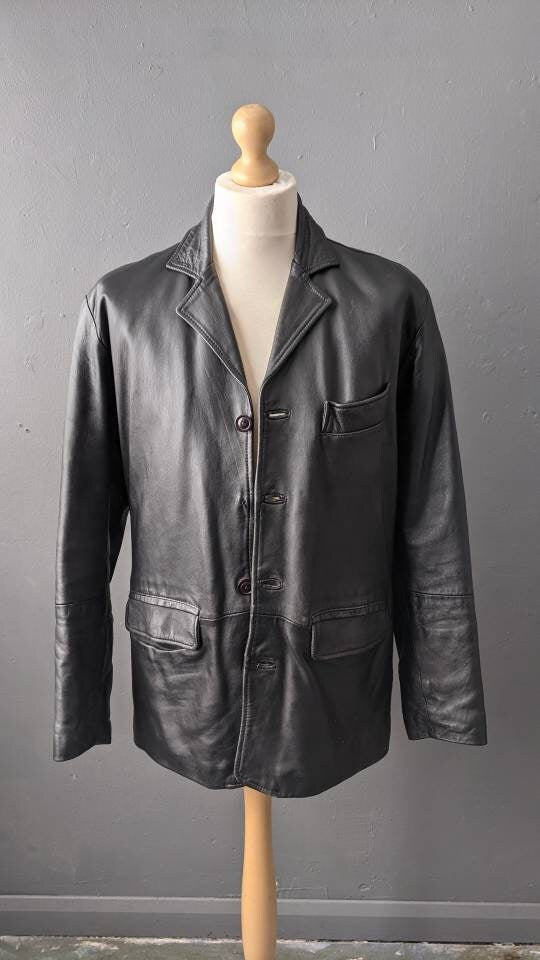 Black Leather Blazer, Mens 90s Casual Suit Jacket, Size Large 46 Chest