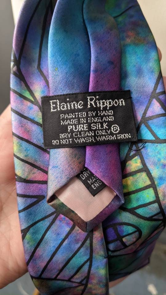 80s Wide Silk Tie by Elaine Rippon, Handpainted Geometric Art Kipper Necktie