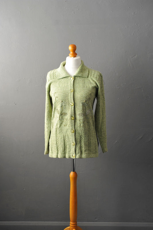 90s Speckled Floral Cardigan, Granny's Apple Green Knit, Size Medium