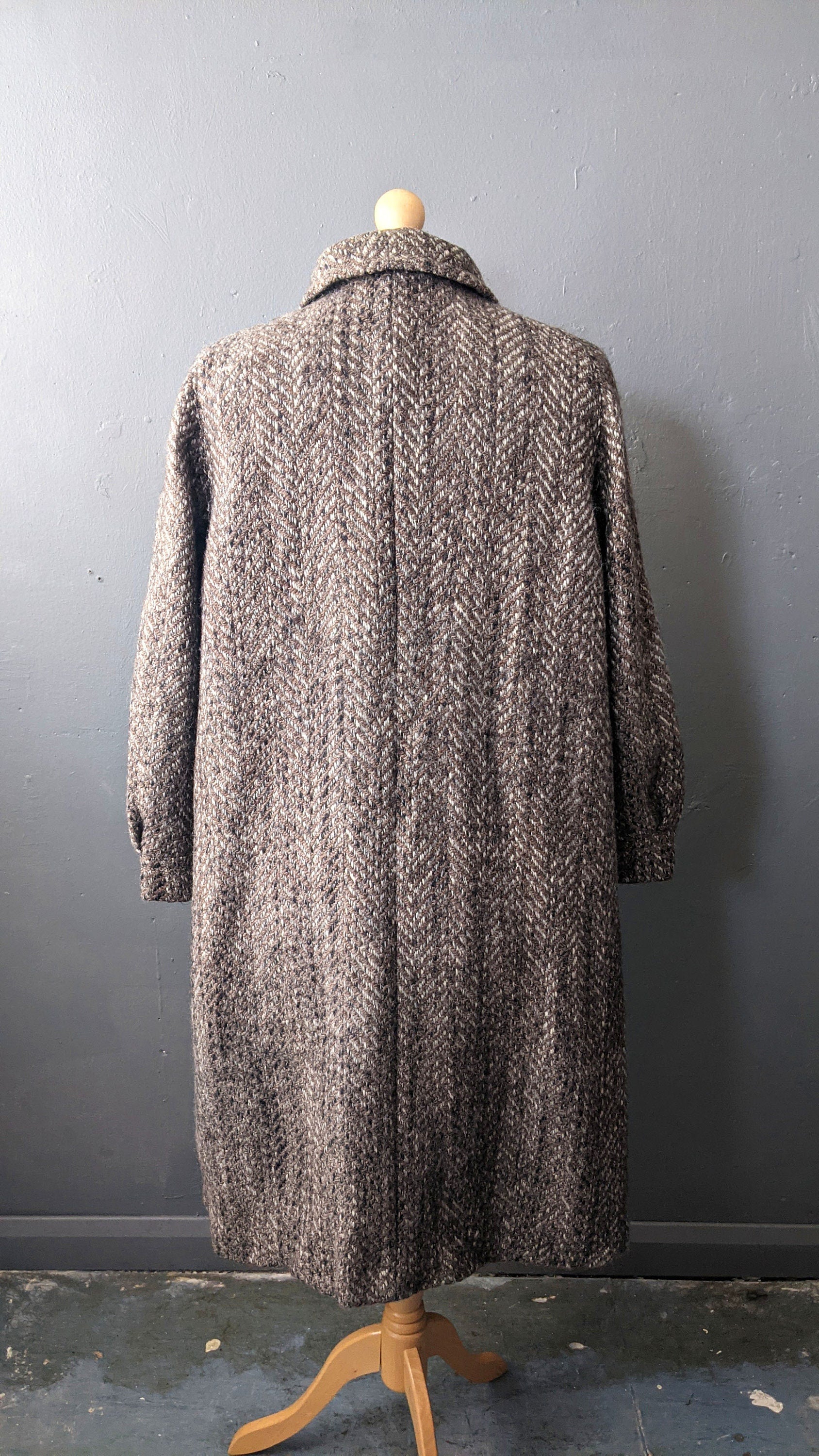 Long Wool Tweed Coat with Suede Trim, 80s Winter Overcoat, Plus Size