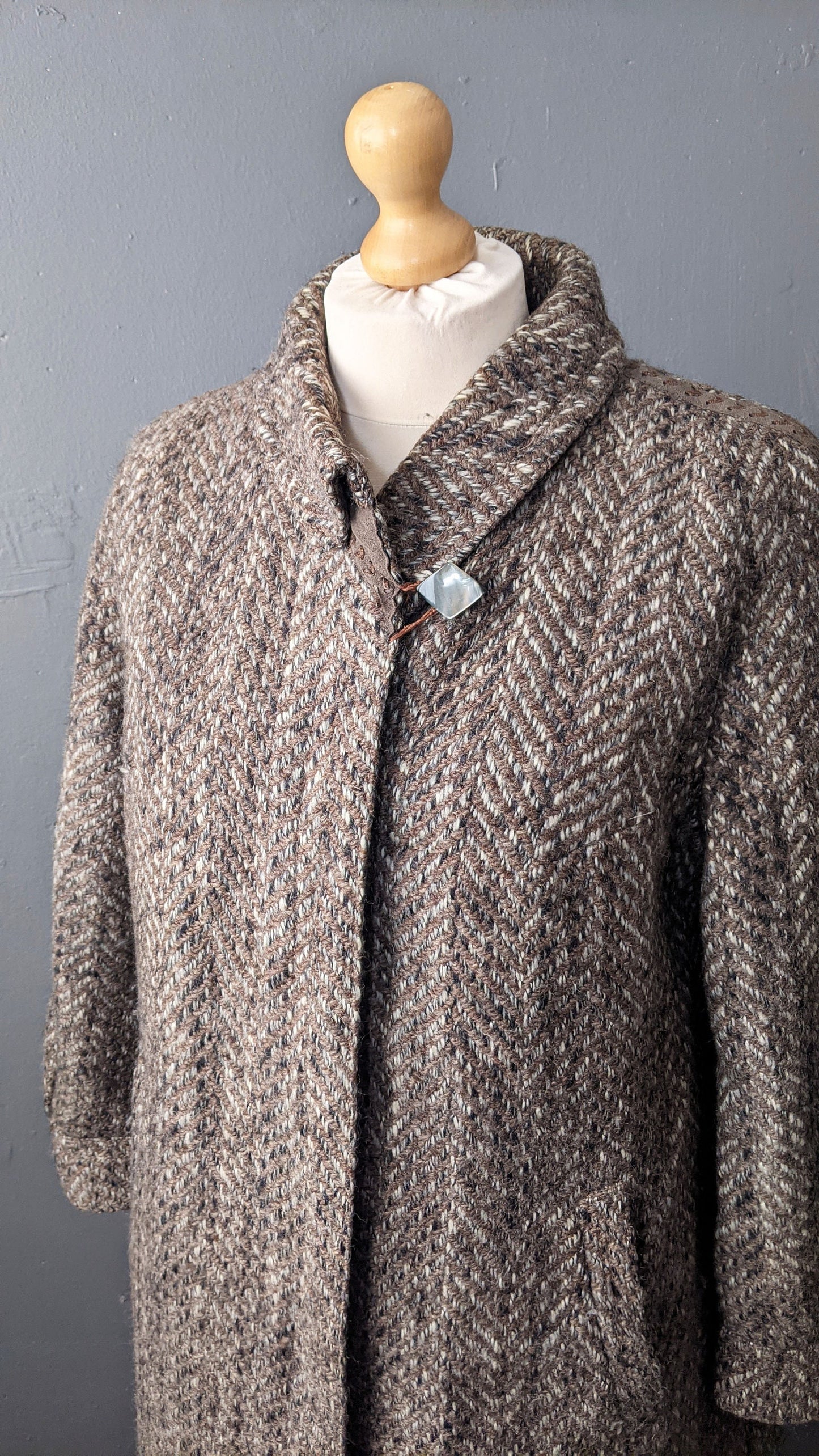 Long Wool Tweed Coat with Suede Trim, 80s Winter Overcoat, Plus Size