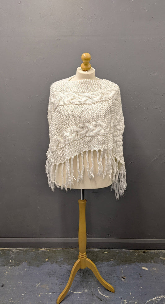 Vintage Cable Knit Poncho with Tassel Fringe, One Size