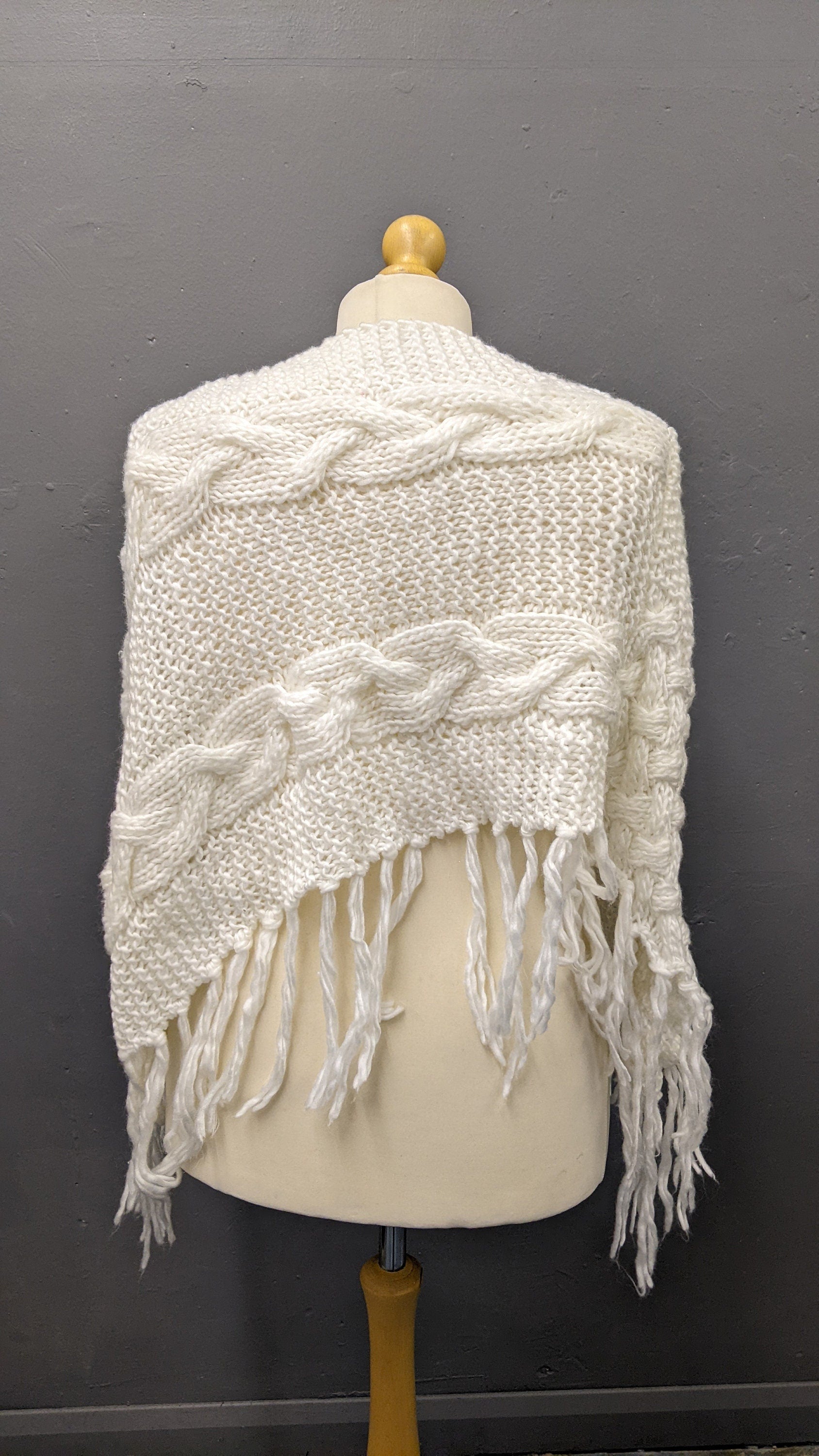 Vintage Cable Knit Poncho with Tassel Fringe, One Size