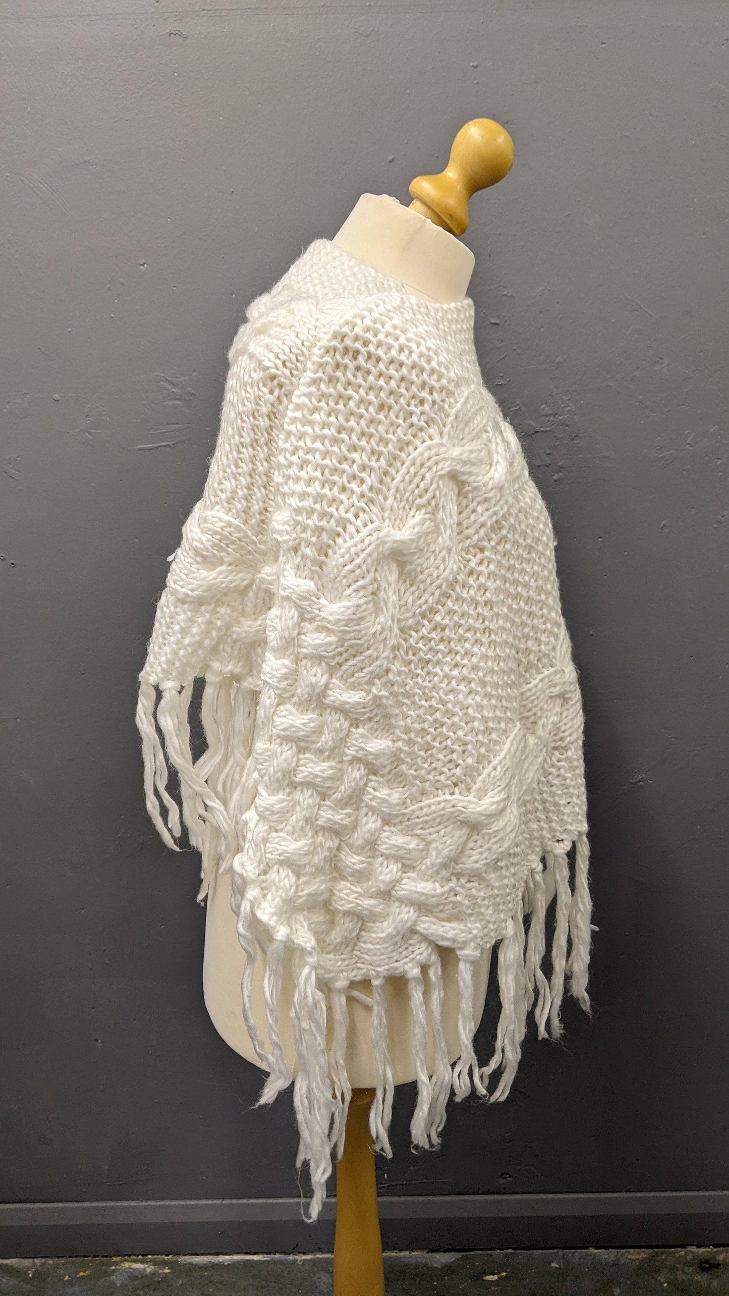 Vintage Cable Knit Poncho with Tassel Fringe, One Size